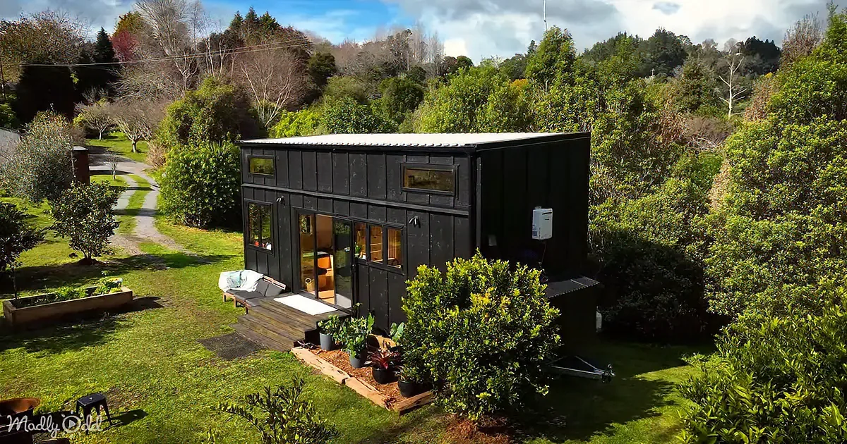 A modern black tiny house with a wooden deck and plants, surrounded by lush greenery and a clear sky.