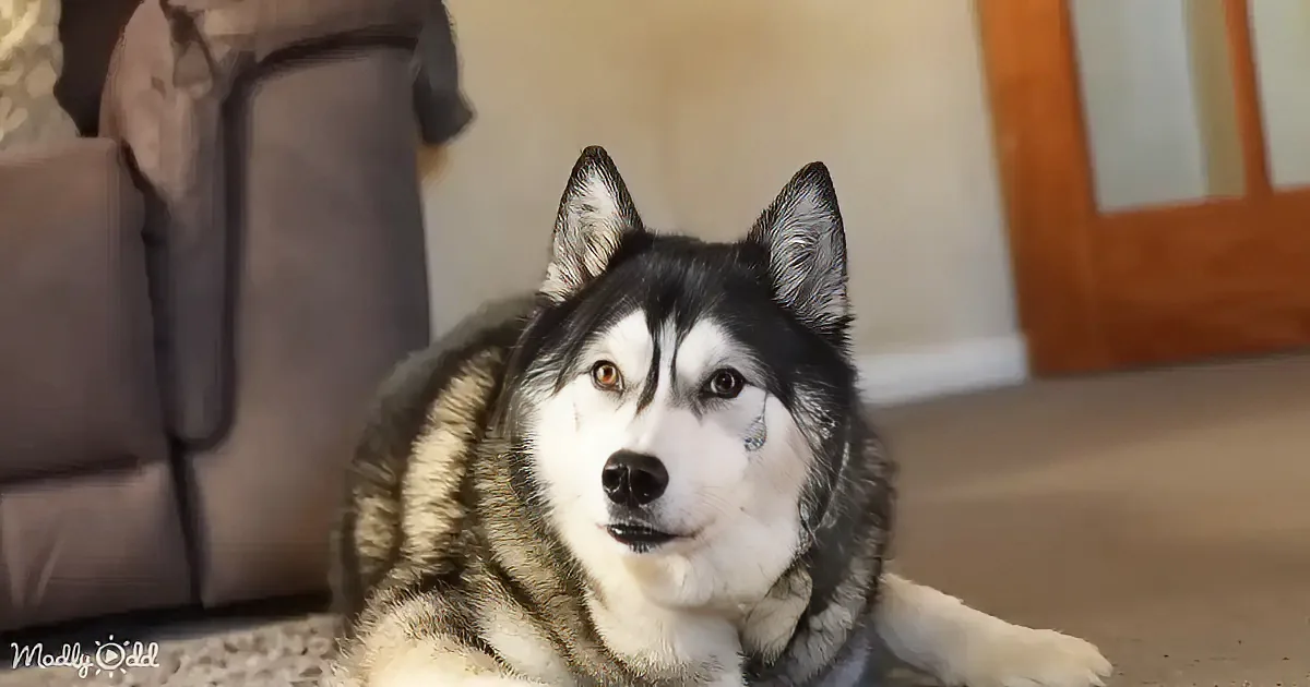 A husky dog with striking blue eyes and a mix of black, white, and gray fur is lying on a carpeted floor.