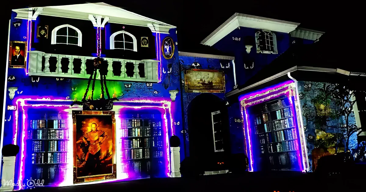 A house is decorated with vibrant neon lights and bookshelves, creating a magical and surreal atmosphere.