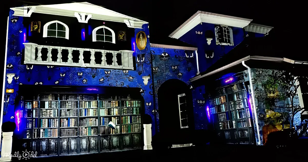 A house facade is transformed into a library with bookshelves and owl motifs, illuminated by blue and purple lights.