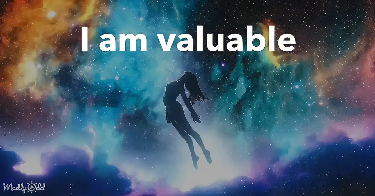 A silhouette of a person floating in a cosmic, star-filled sky with the text "I am valuable" above.