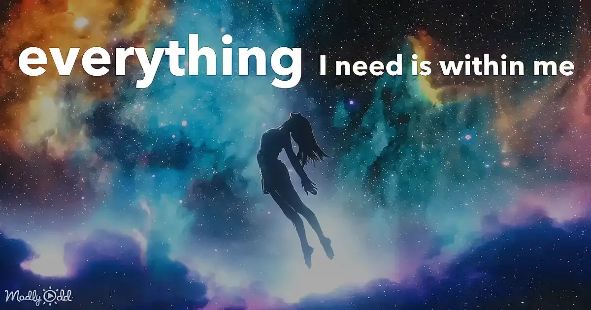 A silhouette of a person floating in a cosmic, starry sky with the text "everything I need is within me."