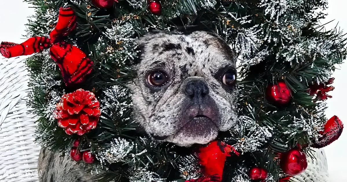 A dog's face is nestled in a festive Christmas wreath adorned with red berries and pine cones.