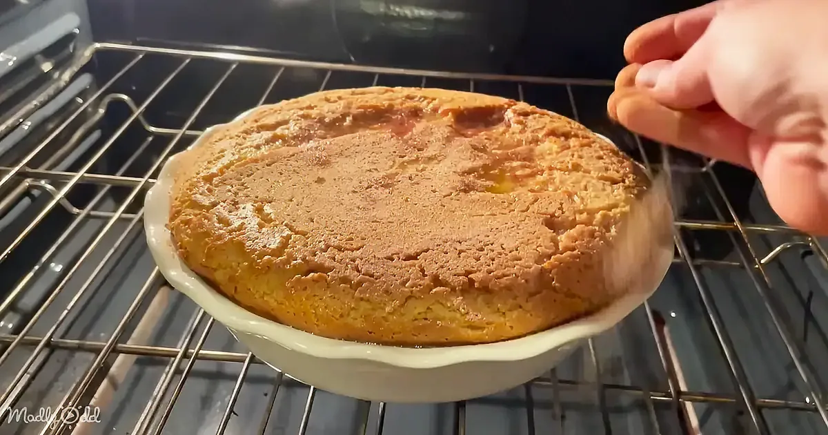 A freshly baked cake in a white dish is being removed from an oven.