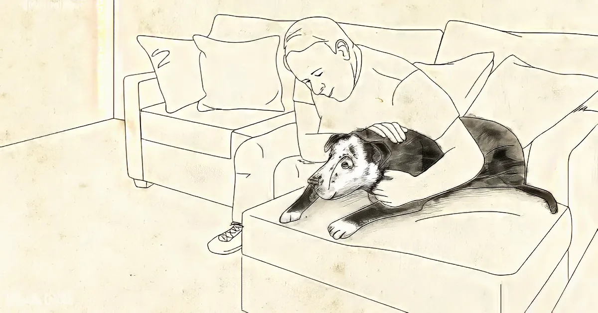 A man pets a dog lying on a couch, both appearing relaxed.