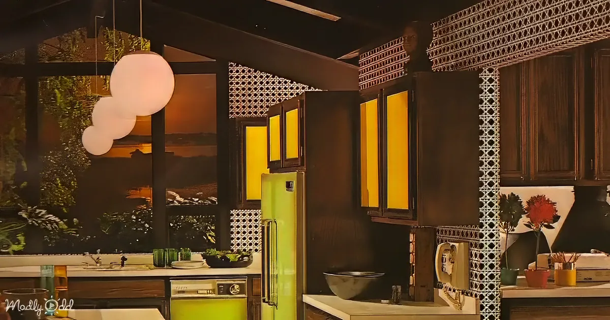 A retro kitchen with a lime green refrigerator, yellow-tinted cabinets, and a large window showing a sunset.