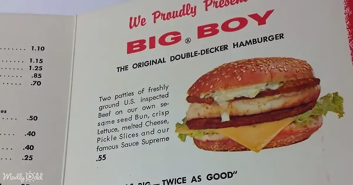 A menu page showcases the Big Boy Double-Decker Hamburger with two patties, lettuce, cheese, and sauce.