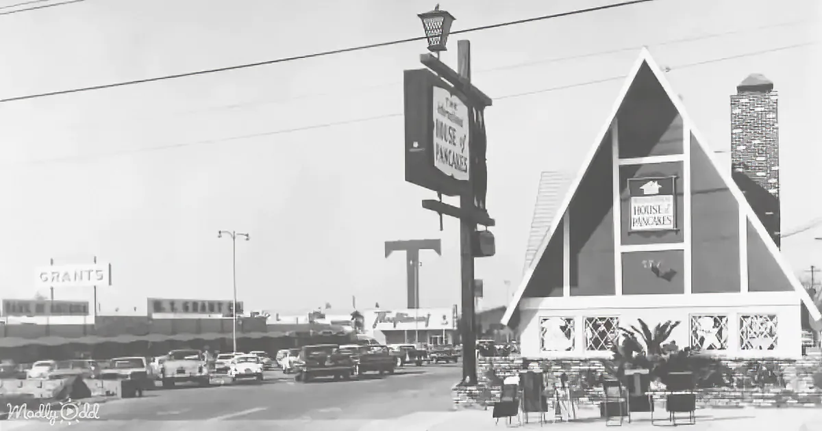 A vintage "House of Pancakes" restaurant with a distinctive triangular roof and signage.