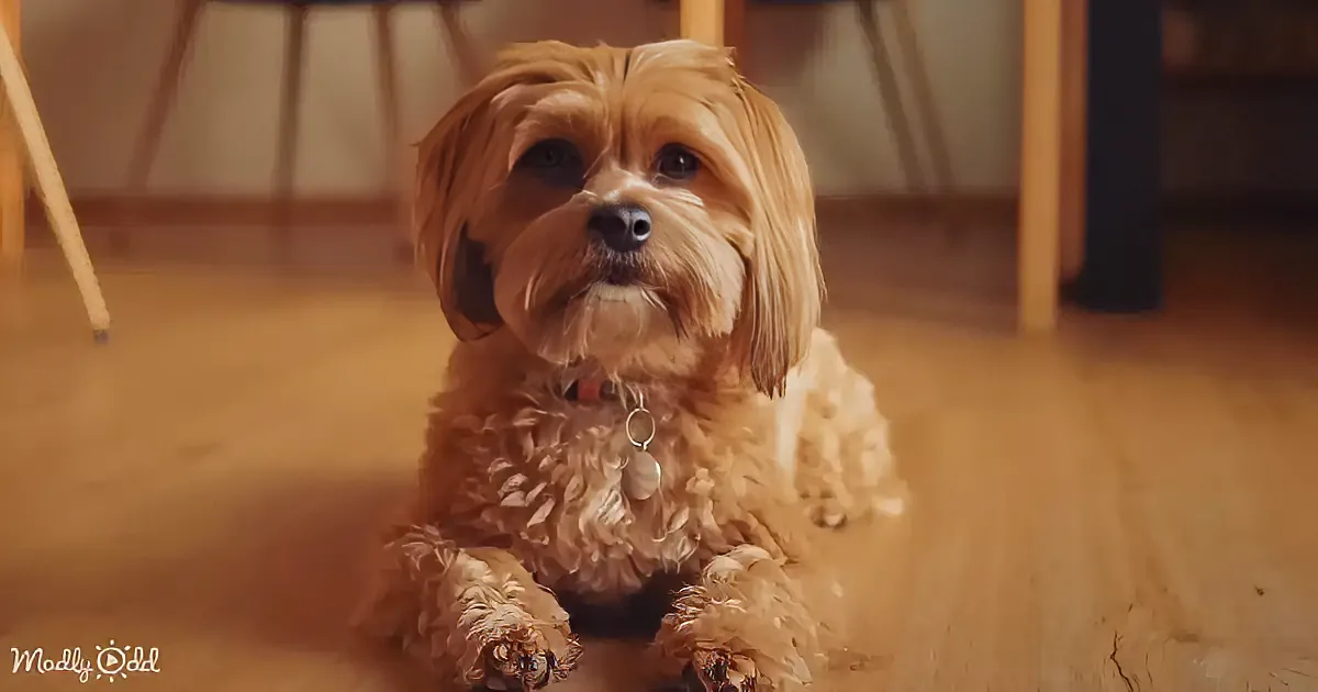 A fluffy, light brown dog with a collar sits on a wooden floor, looking up attentively.