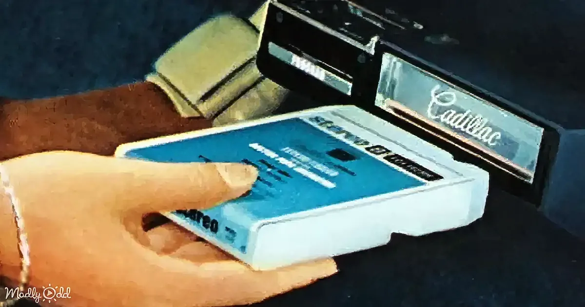 A hand holds a blue cassette tape labeled "Stereo" with a Cadillac tape deck in the background.