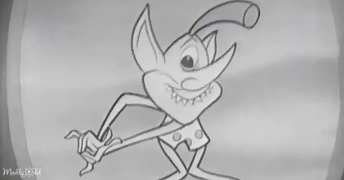 A cartoon jester with a mischievous grin and a long nose is depicted in a black and white drawing.