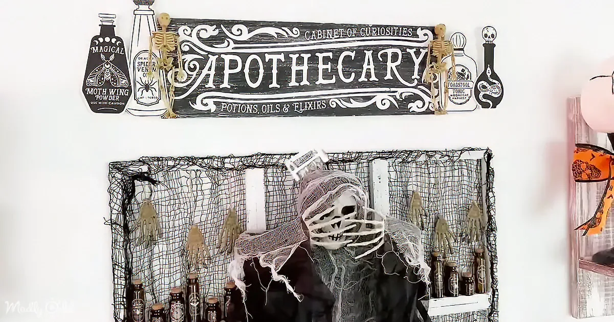A spooky mummy figure sits beneath a "Cabinet of Curiosities" sign, surrounded by potion bottles and skeleton decorations.