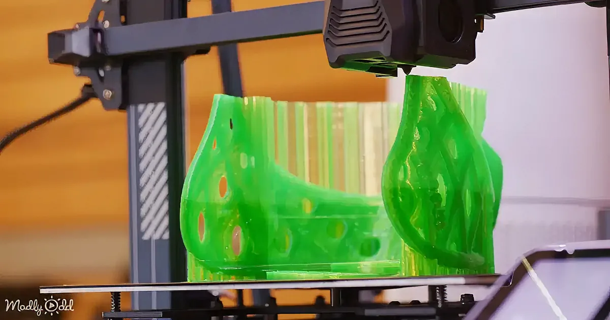 A 3D printer is creating a green, shoe-like object with holes, showcasing its intricate design.
