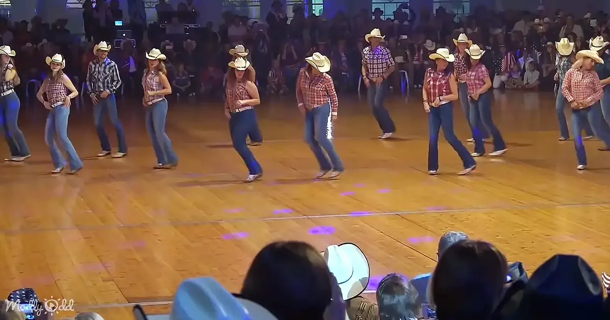 A group of people in cowboy hats and plaid shirts dances on a wooden floor in front of an audience.