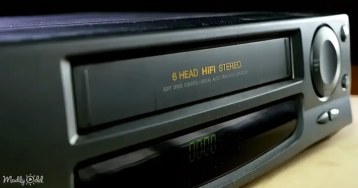 A vintage stereo with "6 HEAD HiFi STEREO" text and digital display showing "00:00".