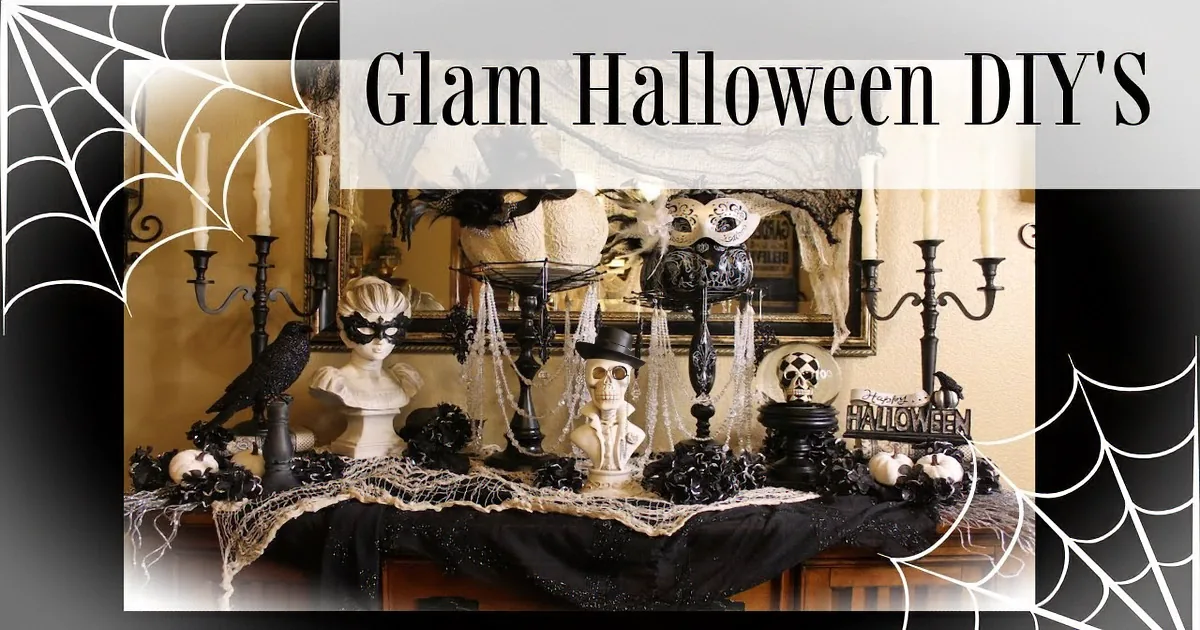 A spooky Halloween display featuring a skull, masks, candles, and a crow on a table.