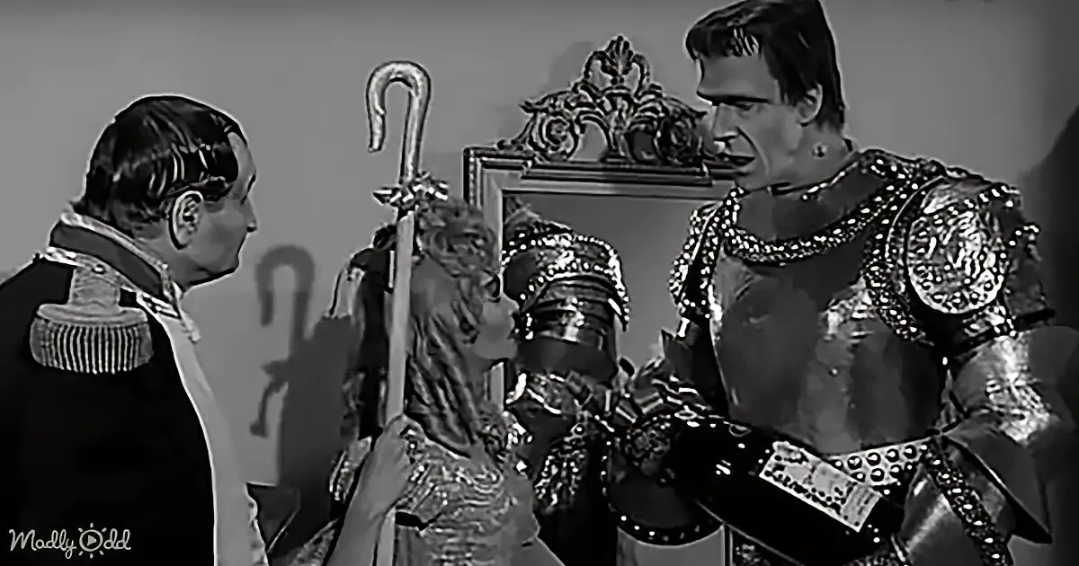 A man in ornate armor holds a staff, facing another man in a military uniform, with a decorative mirror and statue in the...