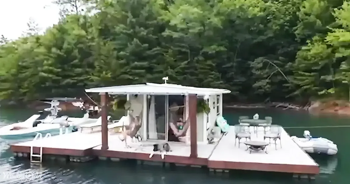 A floating house with a covered deck, chairs, and a boat docked nearby, surrounded by lush green trees.