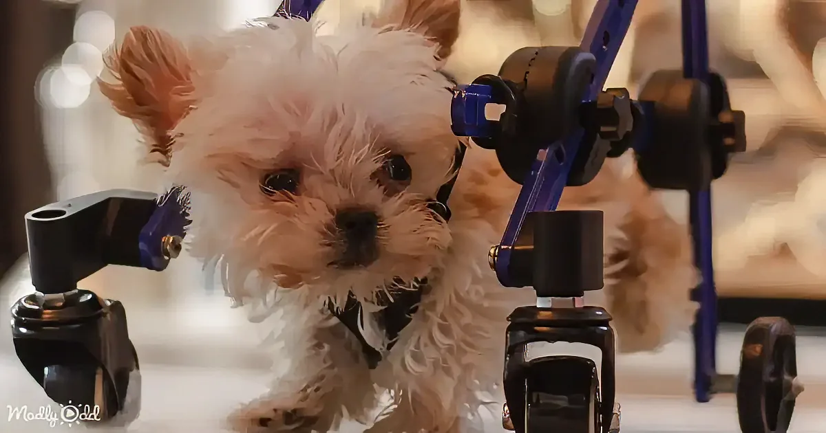 A fluffy white dog with a blue and black wheelchair, looking curious and adorable.