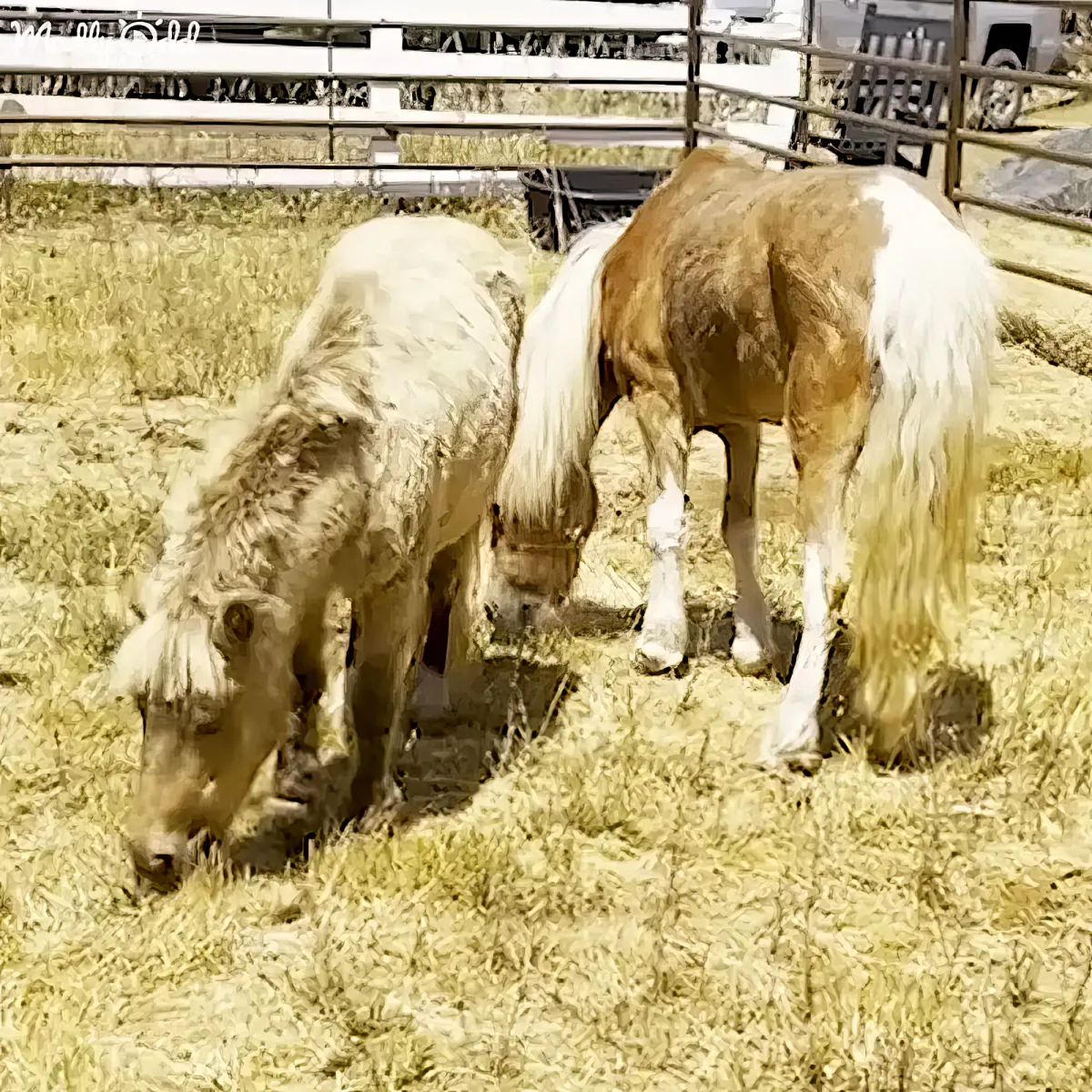 Two horses with white and brown coats are grazing in a fenced pasture with dry grass.