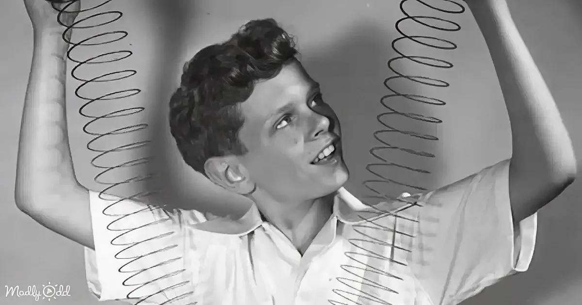 A person in a white shirt holds a coiled spring, smiling, with a light background.