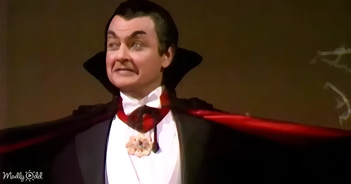 A man in a black cape and white shirt with a red bow tie and flower, possibly portraying a character.