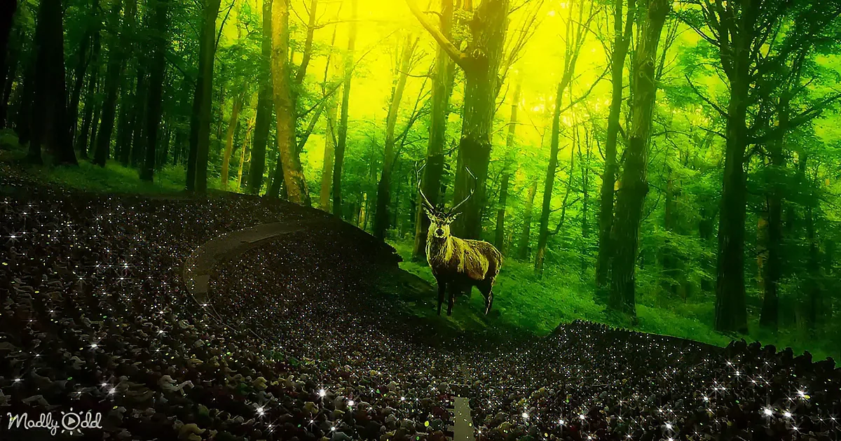 A deer stands amidst a sparkling, glittery forest path surrounded by lush greenery and glowing light.