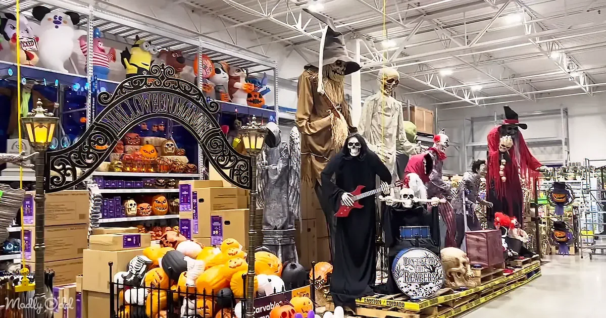A Halloween display featuring a skeleton playing a guitar, surrounded by pumpkins, skulls, and other spooky decorations.