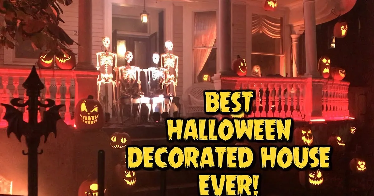 A spooky Halloween scene with glowing pumpkins, skeletons, and a house adorned with festive lights.