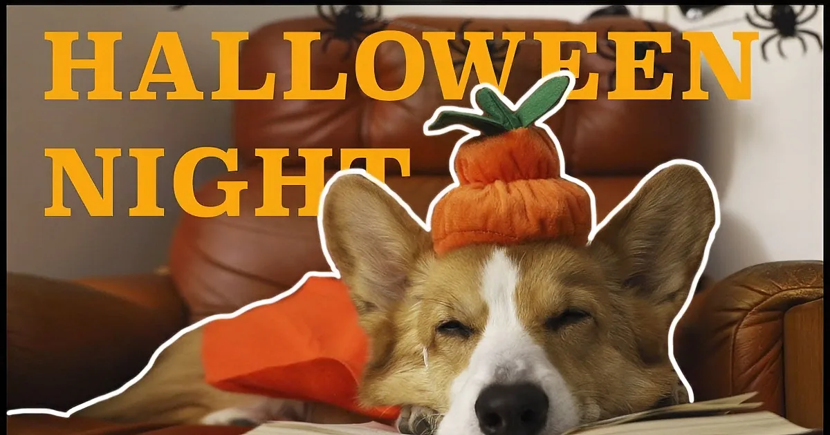 A corgi in a pumpkin costume holds a stuffed animal, standing on a rug near a door.
