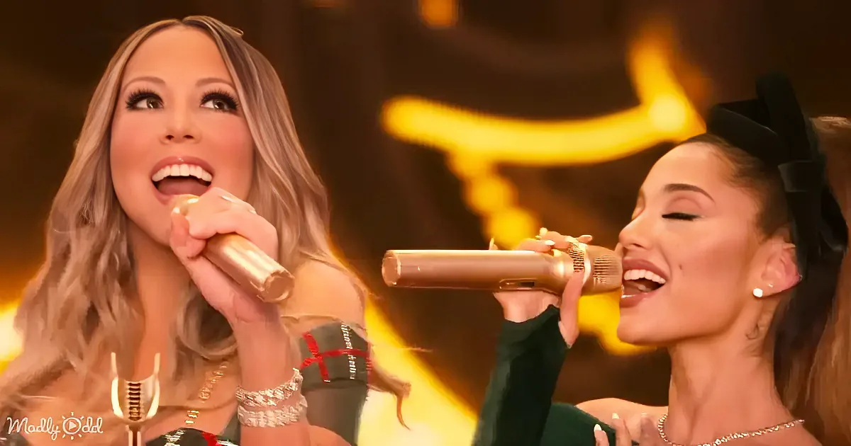 Two women singing into gold microphones, one with long hair, the other with a black bow, against a glowing background.