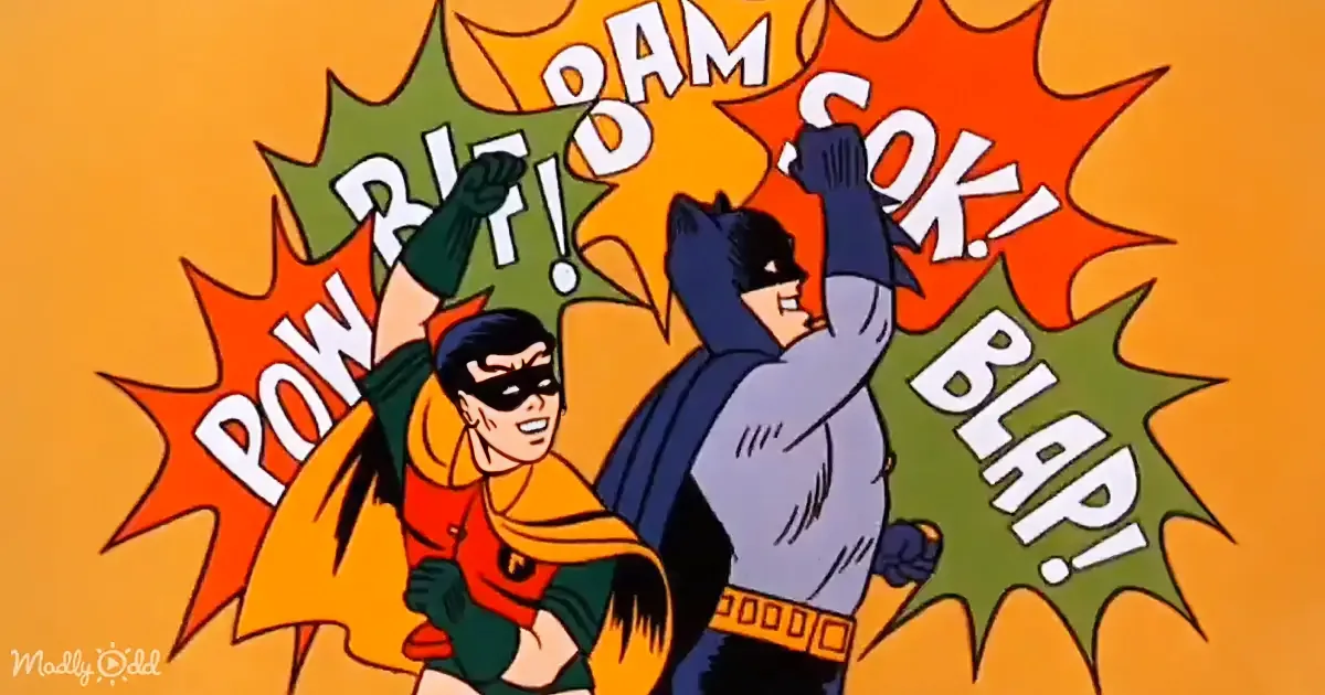 Batman and Robin, in dynamic action, with "POW!", "BAM!", and "BLAP!" sound effects around them.