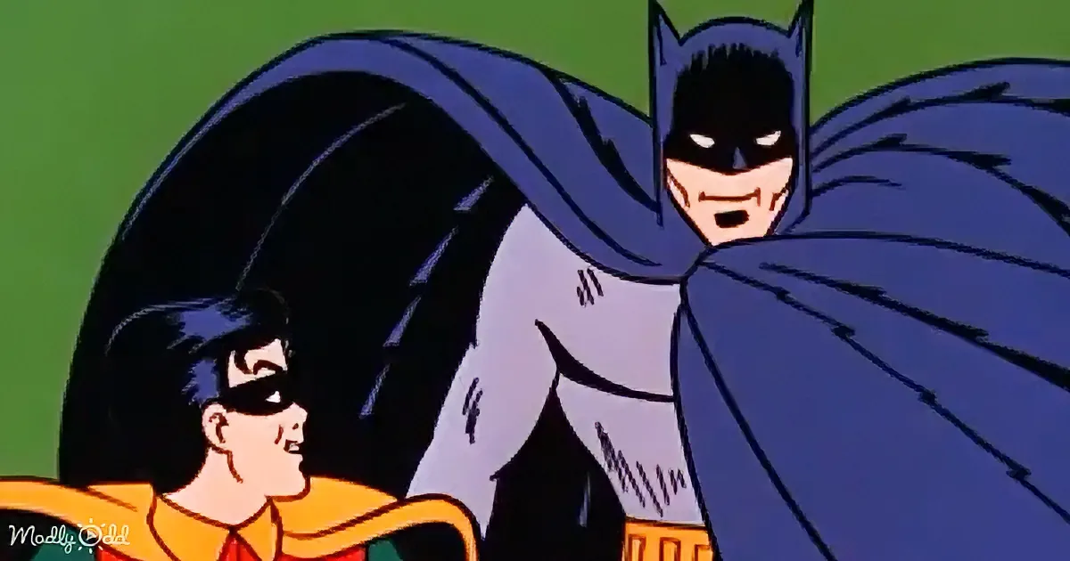 Batman stands imposingly behind Robin, both in their iconic costumes, against a green background.
