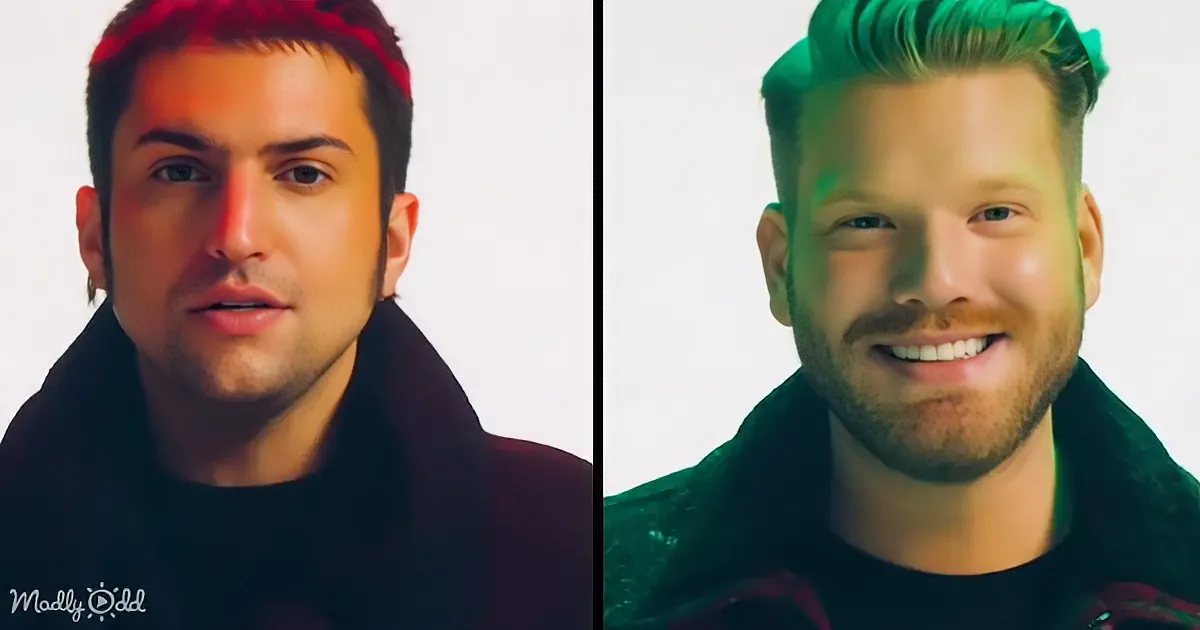 Two men with distinct hairstyles and clothing, one with red hair and the other with green lighting, both against a white...