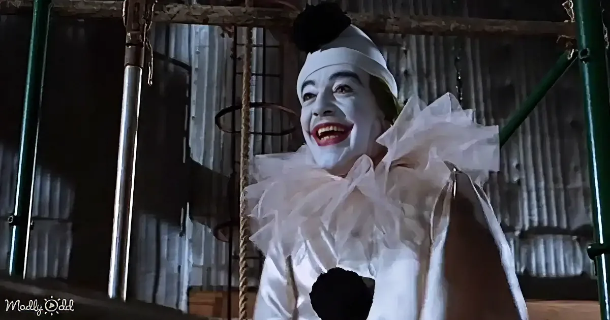 A person in a white clown costume with a ruffled collar and a black top hat is smiling widely.