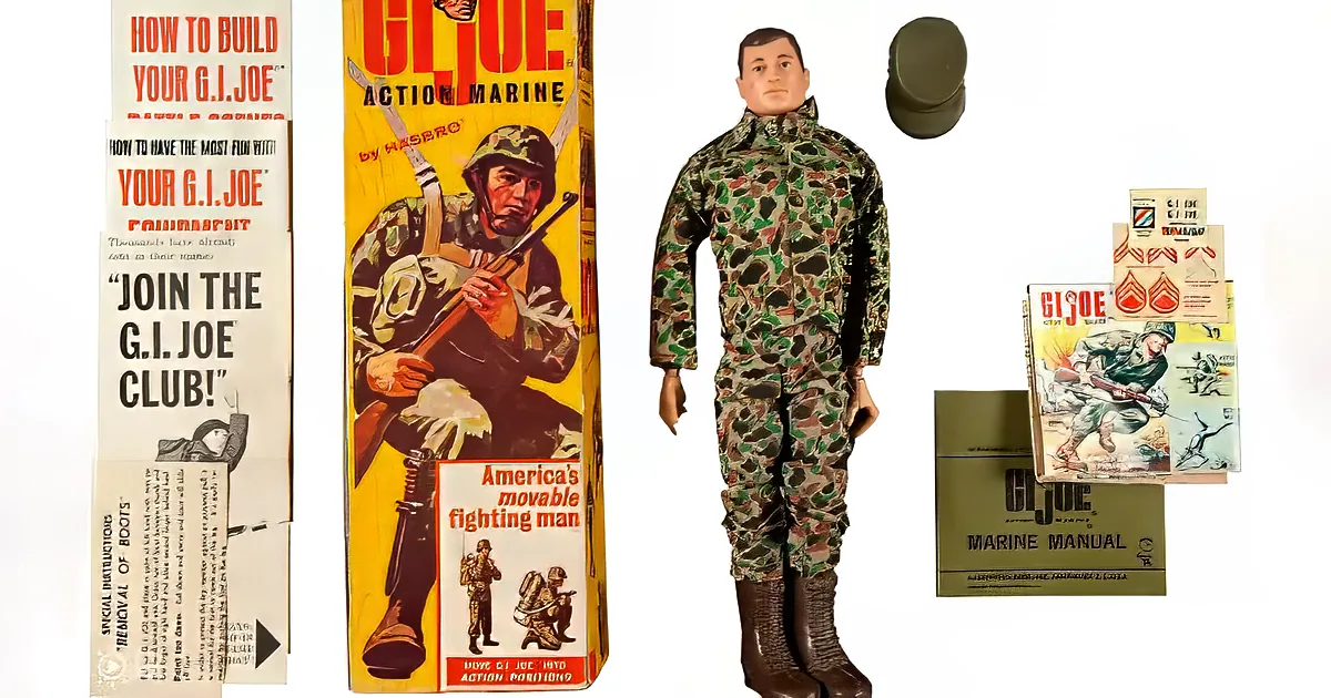 A G.I. Joe Action Marine figure in camouflage with accessories and original packaging.