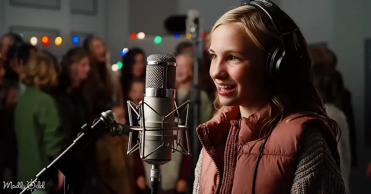 A smiling girl wearing headphones stands in front of a microphone, singing in front of a crowd with colorful lights.