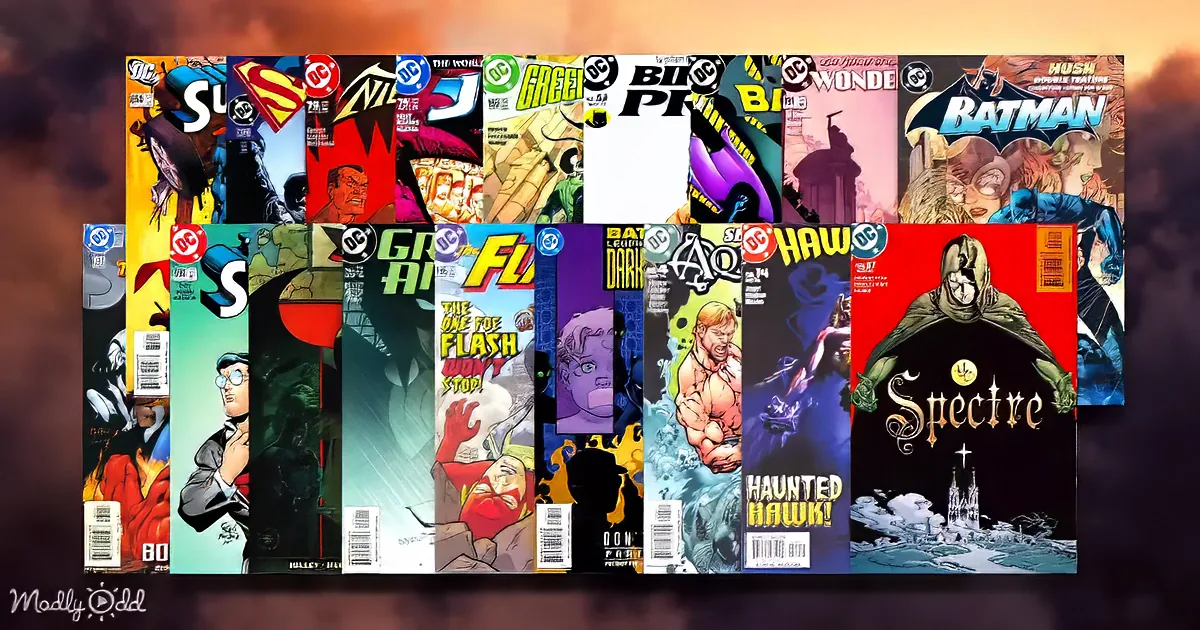 A collage of DC Comics covers featuring various superheroes and villains.