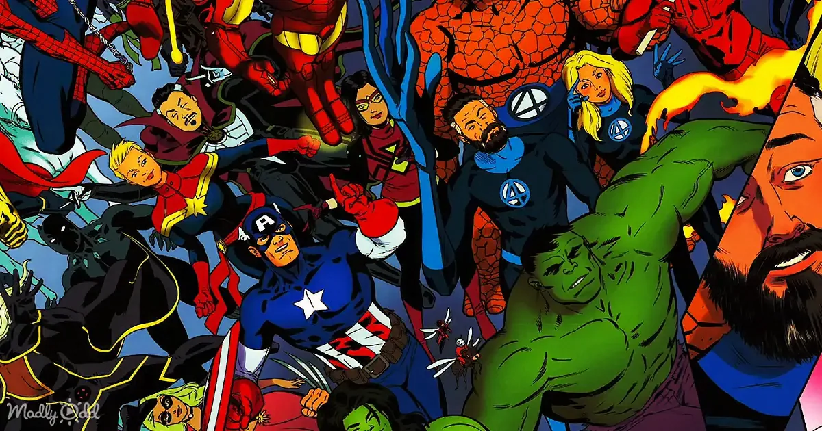 A vibrant collage of various superhero characters from different comic book universes.