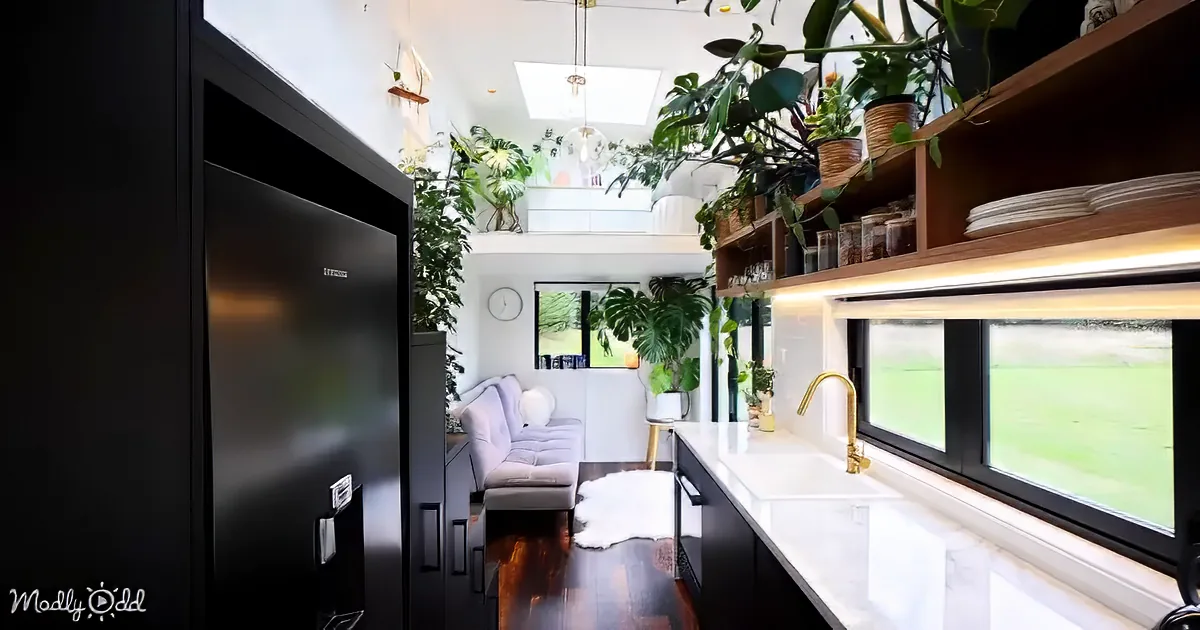 A modern kitchen with black cabinets, white marble countertop, gold faucet, and abundant green plants.