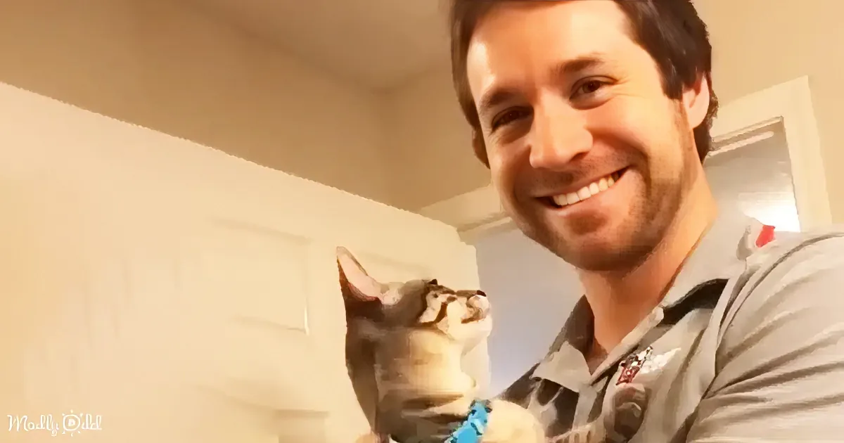 A man smiles while holding a small, light-colored cat with a blue collar indoors.