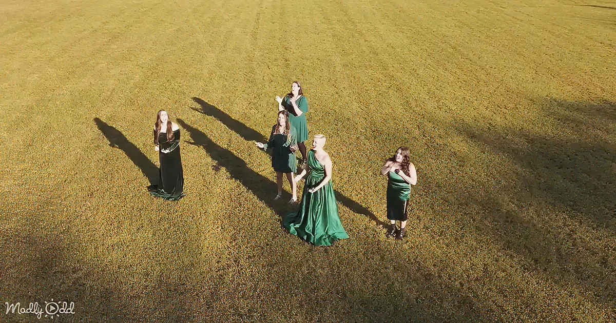 Five women in green dresses stand in a grassy field, bathed in sunlight.