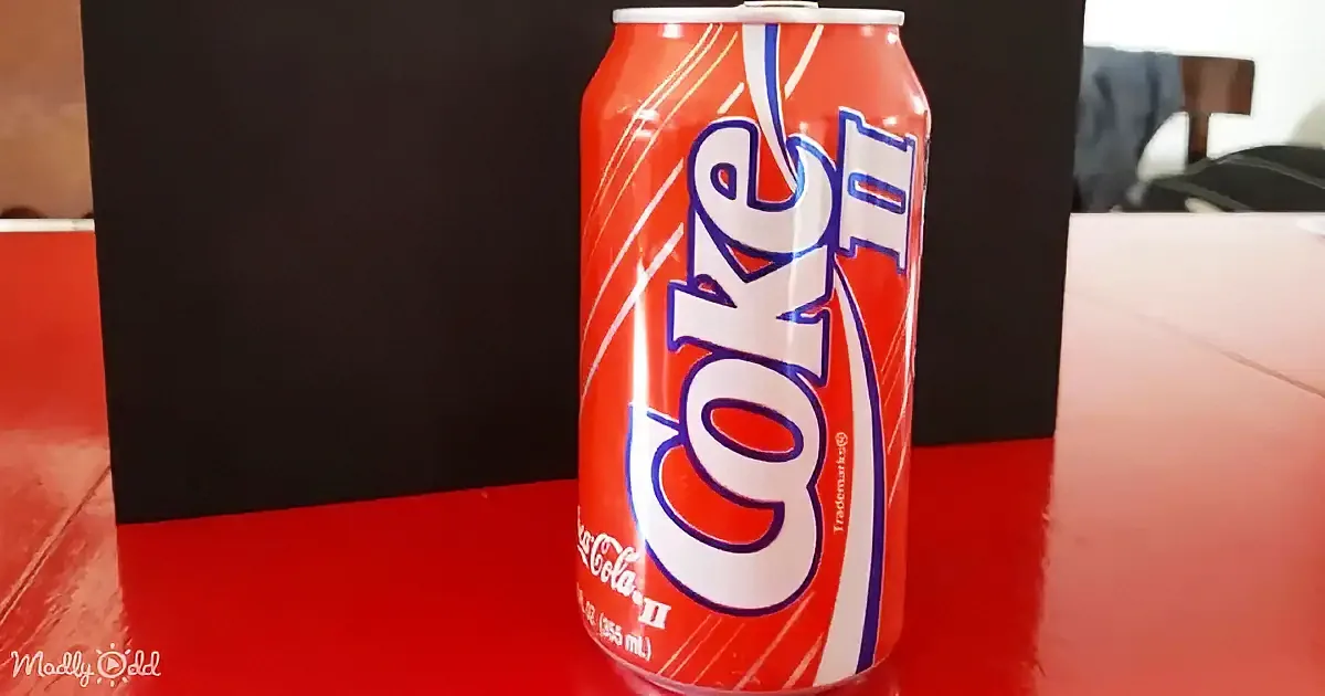 A can of Coca-Cola II is prominently displayed on a red surface with a black background.