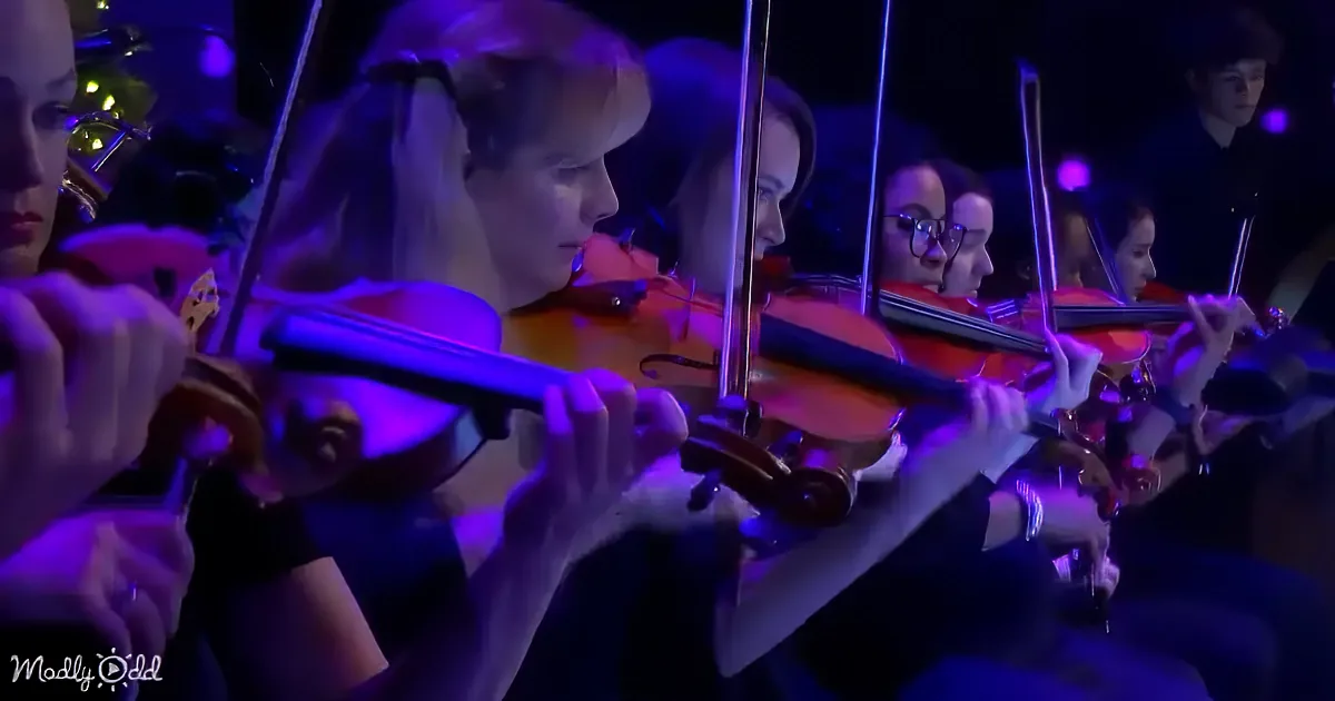 Violinists in a row, playing under purple stage lighting.