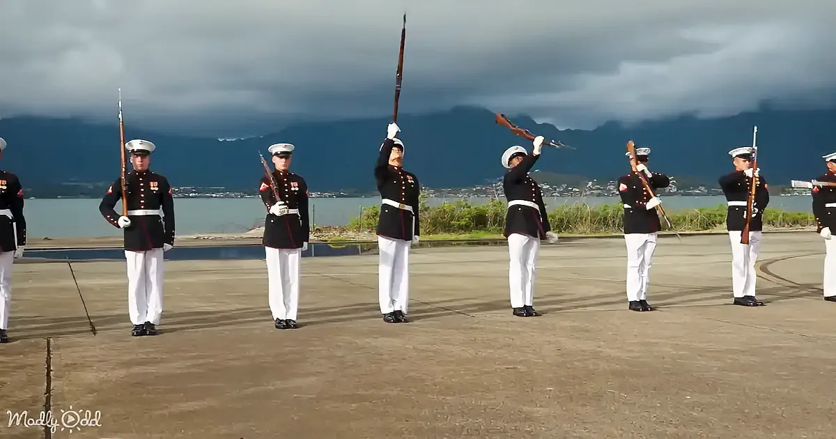 Marines in uniform performing a rifle salute on a cloudy day.