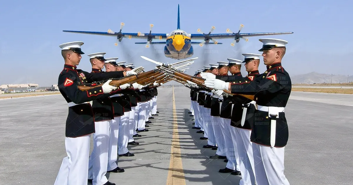 ''Blue Angels' Plane Swoops, Majestic as an Eagle Over Us Marines Silent Drill Platoon'