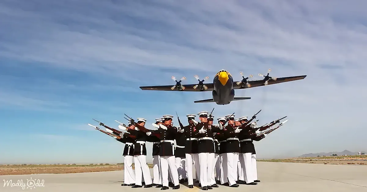 A military honor guard stands in formation, rifles at attention, as a large aircraft flies overhead.