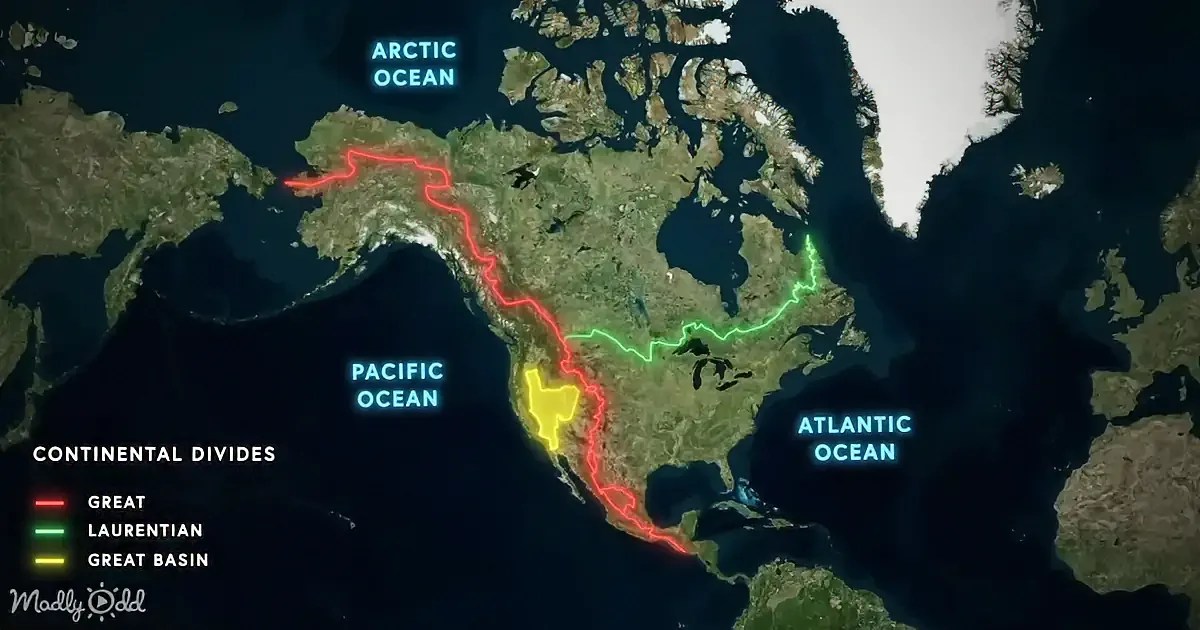 A map highlighting continental divides in North America with different colored lines.