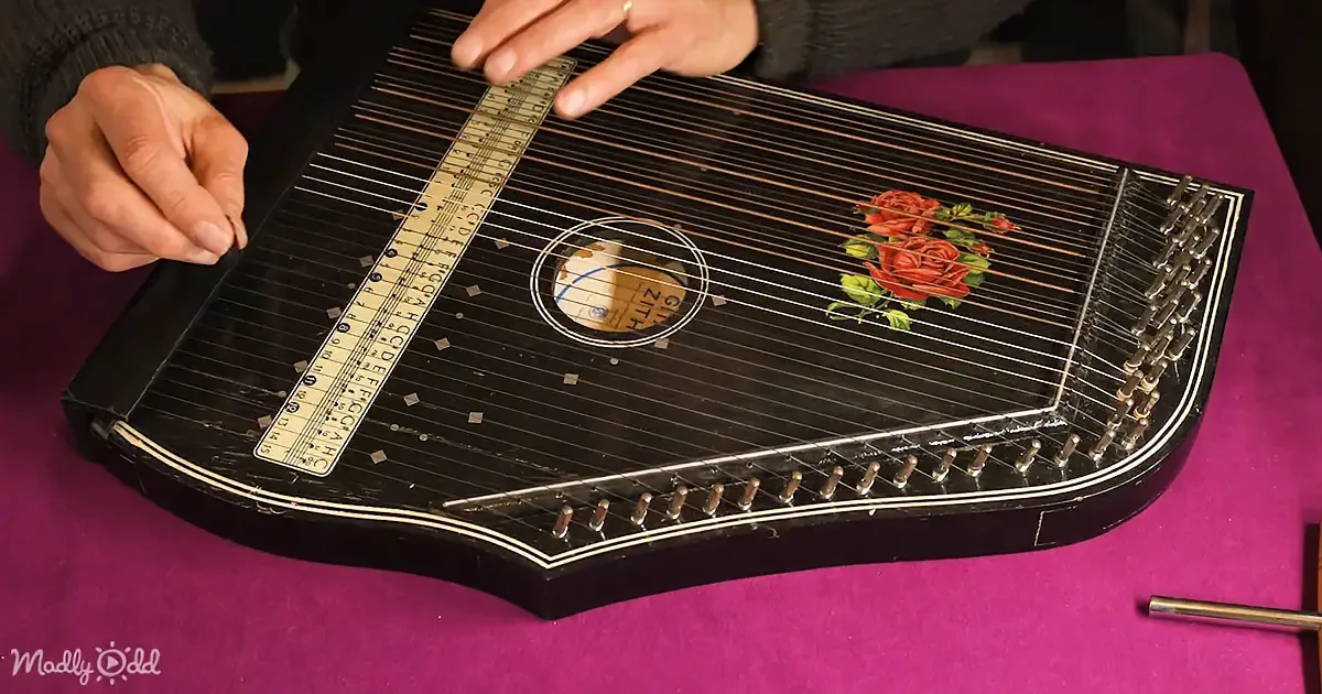 A person plays a zither with a floral design, placed on a purple surface.