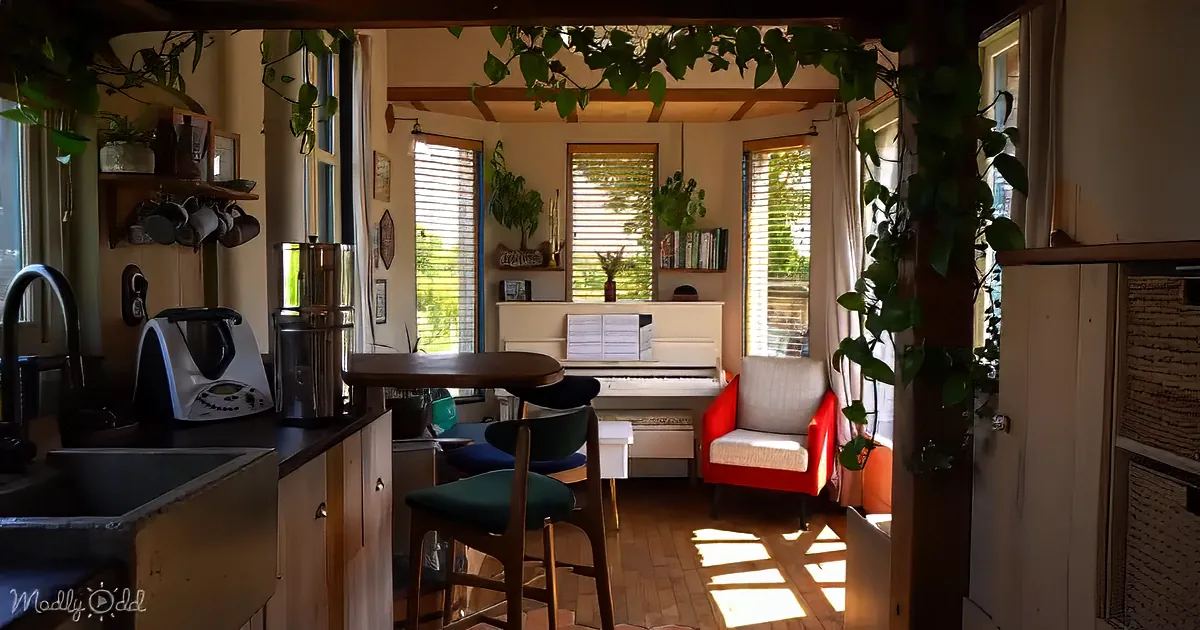 A cozy room with a piano, chairs, plants, and sunlight streaming through windows.